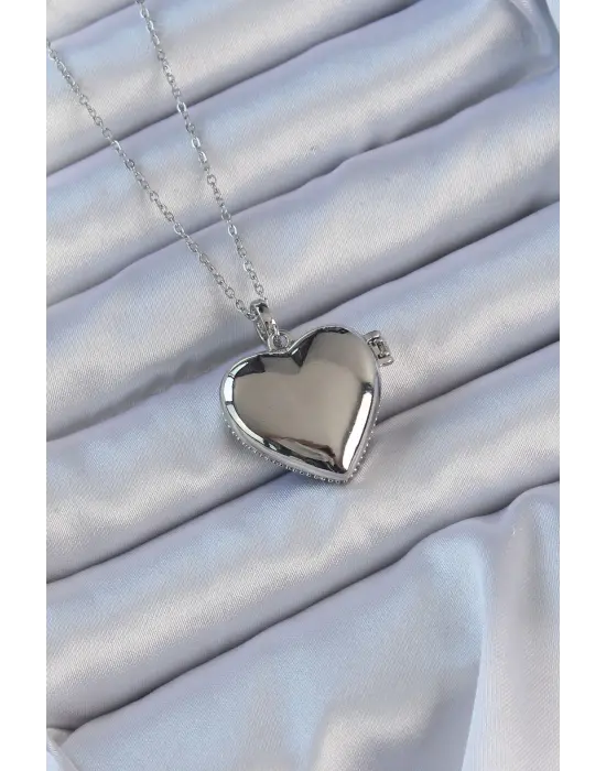  Zincir Gümüş  li Zirkon Taşlı İçi Açılan Bombeli Kalp Çelik Kolye