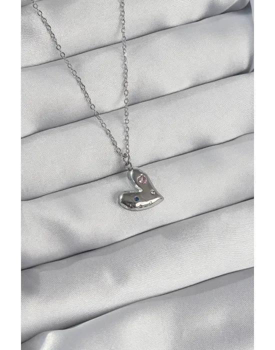  Zincir Gümüş  li Zirkon Taşlı Kalp Çelik Kolye