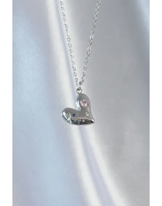  Zincir Gümüş  li Zirkon Taşlı Kalp Çelik Kolye