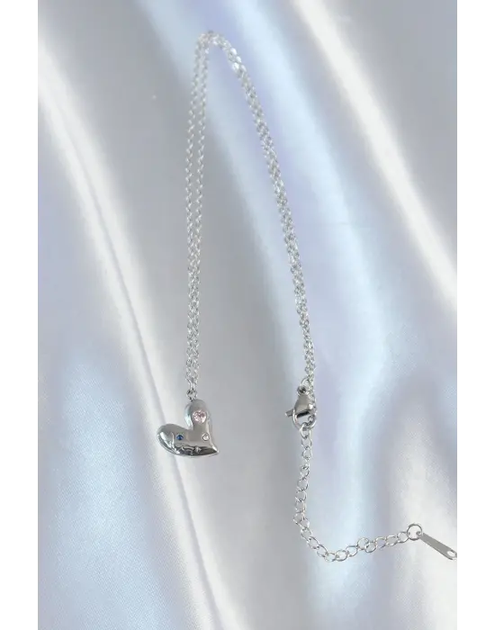  Zincir Gümüş  li Zirkon Taşlı Kalp Çelik Kolye