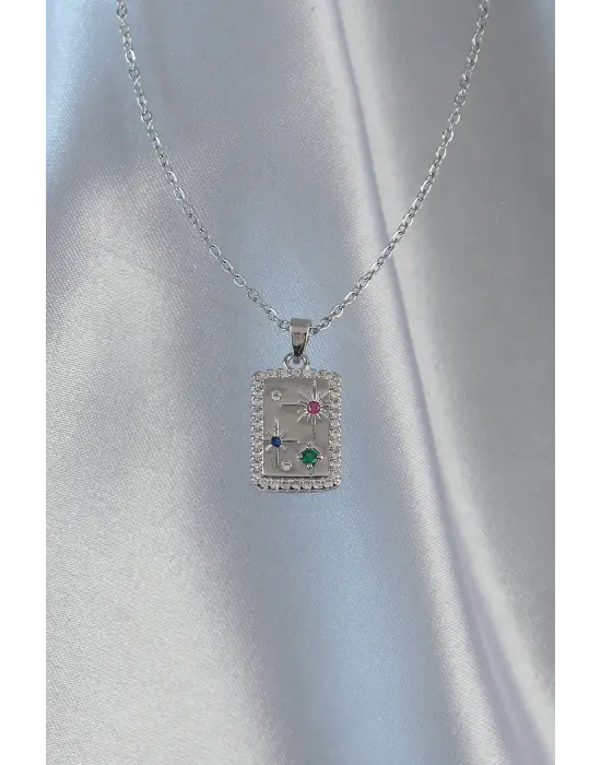  Zincir Gümüş  li Zirkon Taşlı Vintage Çelik Kolye