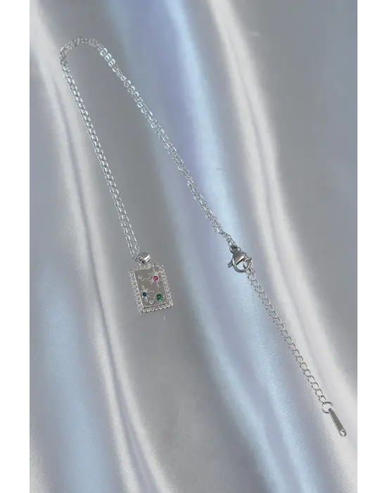  Zincir Gümüş  li Zirkon Taşlı Vintage Çelik Kolye