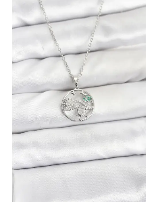 316L Çelik Zincir Gümüş Renk Şans Kolyesi Model Zirkon Taşlı Kadın Kolye