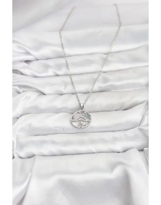 316L Çelik Zincir Gümüş Renk Şans Kolyesi Model Zirkon Taşlı Kadın Kolye