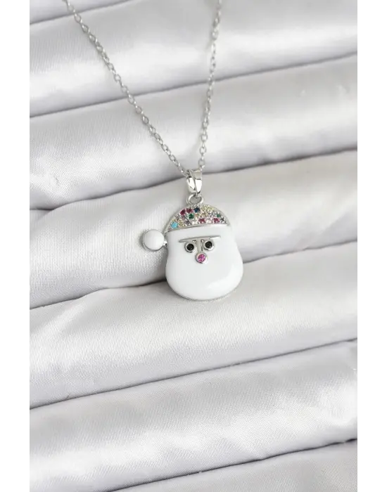 316L Çelik Zincir Gümüş Renk Şapkalı Kardan Adam Kafası Model Yılbaşı Temalı Kadın Kolye