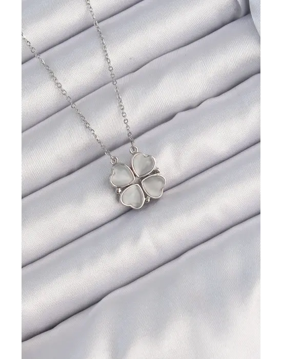  Zincir Gümüş  Sedefli Kalp Figürlü Yonca Çelik Kolye