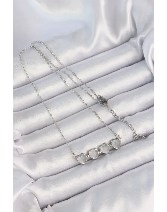  Zincir Gümüş  Sedefli Kalp Figürlü Yonca Çelik Kolye