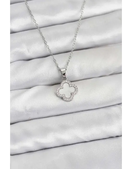 316L Çelik Zincir Gümüş Renk Sedefli Yonca Kadın Kolye