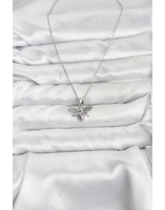 316L Çelik Zincir Gümüş Renk Sinek Model Zirkon Taşlı Kadın Kolye