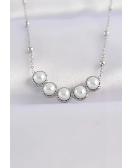  Zincir Gümüş  Sıralı İnci Taşlı Çelik Kolye