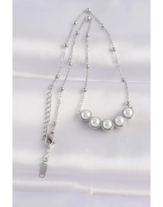  Zincir Gümüş  Sıralı İnci Taşlı Çelik Kolye