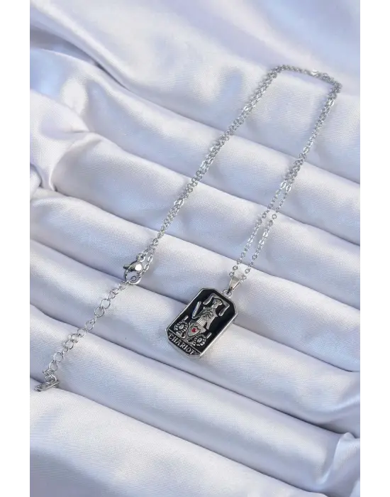  Zincir Gümüş  Siyah Mineli Tarot Çelik Kolye