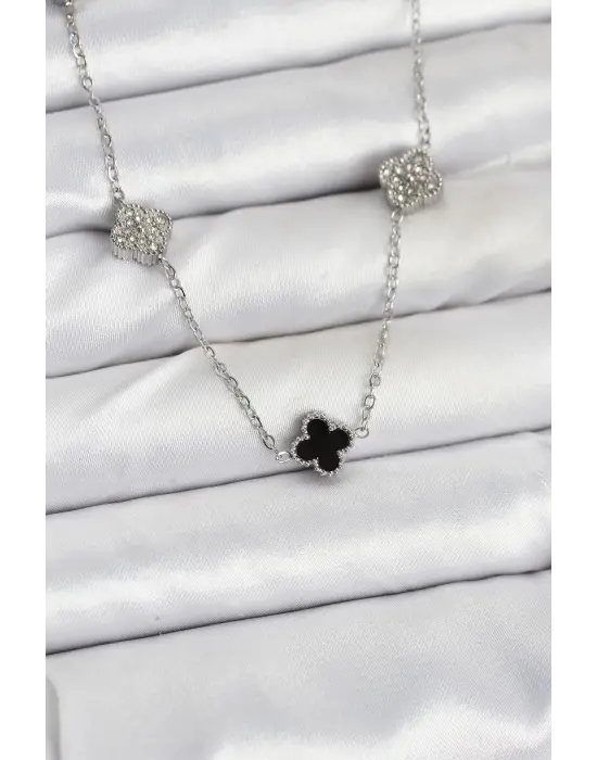 316L Çelik Zincir Gümüş Renk Siyah ve Zirkon Taşlı Baby Boy Yonca Kadın Kolye