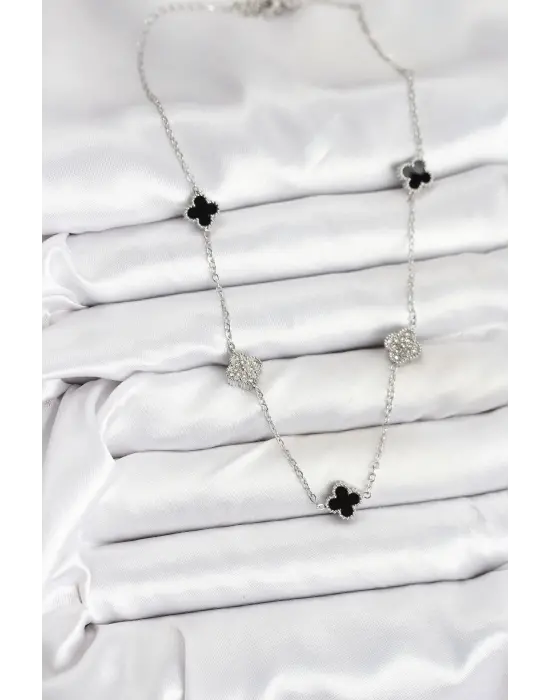 316L Çelik Zincir Gümüş Renk Siyah ve Zirkon Taşlı Baby Boy Yonca Kadın Kolye
