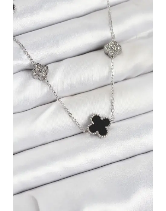 316L Çelik Zincir Gümüş Renk Siyah ve Zirkon Taşlı Yonca Kadın Kolye
