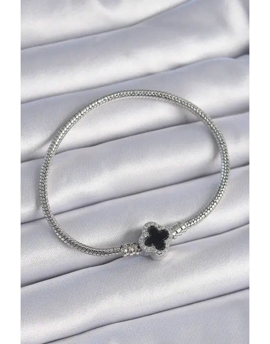 316L Çelik Zincir Gümüş Renk Siyah Zirkon Taş Detaylı Yonca Figür Charm Model Kadın Bileklik