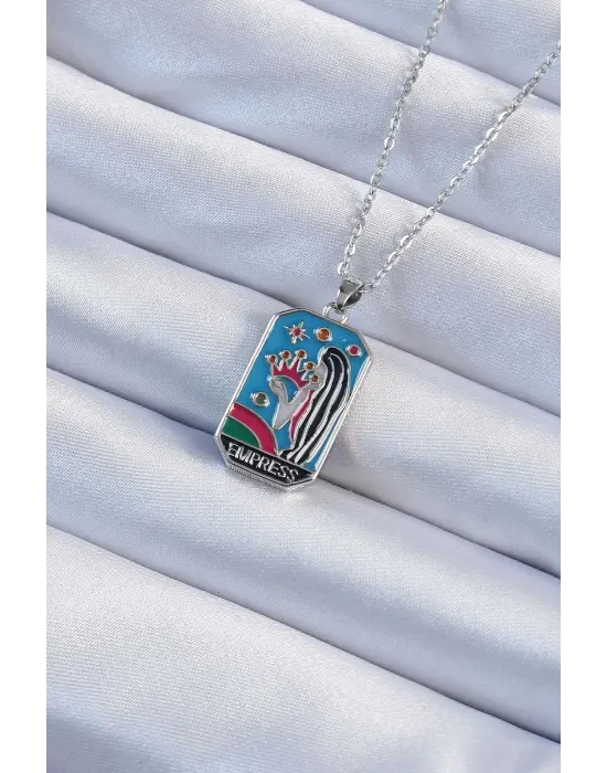  Zincir Gümüş  Taç ve Kız Figürlü li Mineli Tarot Çelik Kolye