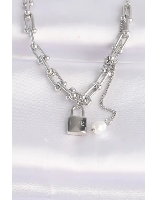  Zincir Gümüş  Tiffany Zincirli Love Yazılı Kilit Çelik Kolye