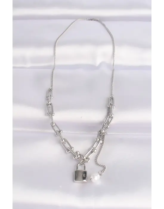  Zincir Gümüş  Tiffany Zincirli Love Yazılı Kilit Çelik Kolye