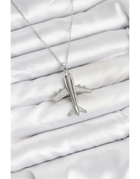 316L Çelik Zincir Gümüş Renk Uçak Model Kadın Kolye