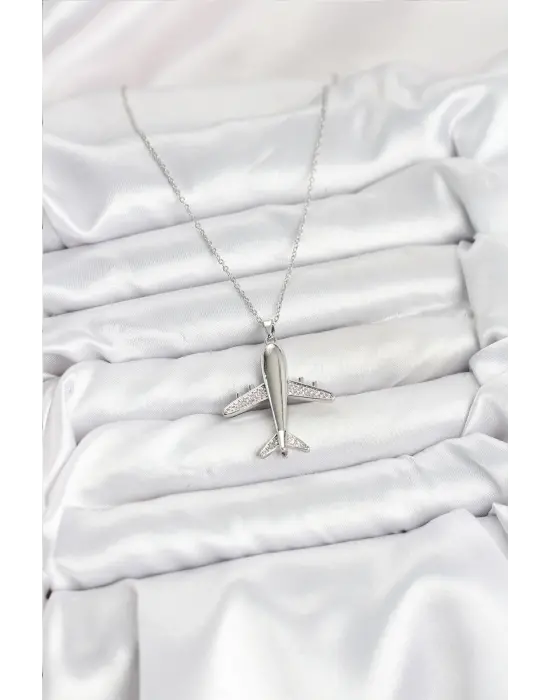 316L Çelik Zincir Gümüş Renk Uçak Model Kadın Kolye