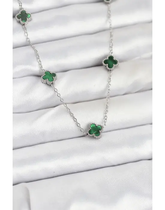 316L Çelik Zincir Gümüş Renk Yeşil Baby Boy Yonca Kadın Kolye