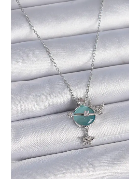  Zincir Gümüş  Yeşil Sedefli Gezegen Model Zirkon Taşlı Ay Yıldız Model  Çelik Kolye