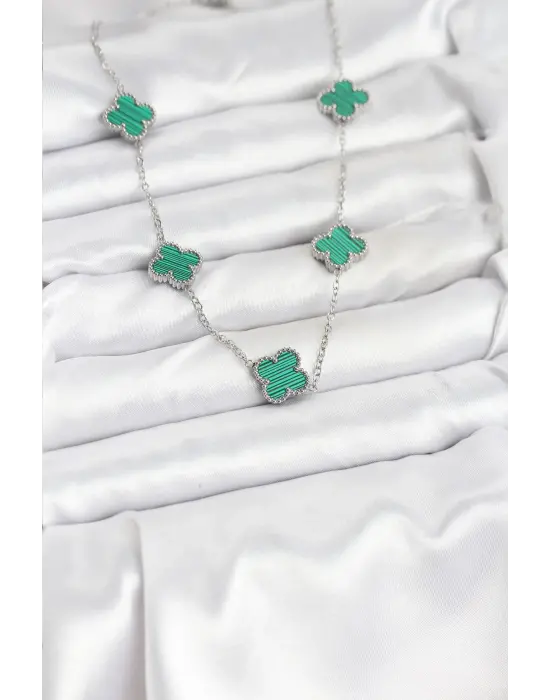 316L Çelik Zincir Gümüş Renk Yeşil Yonca Kadın Kolye