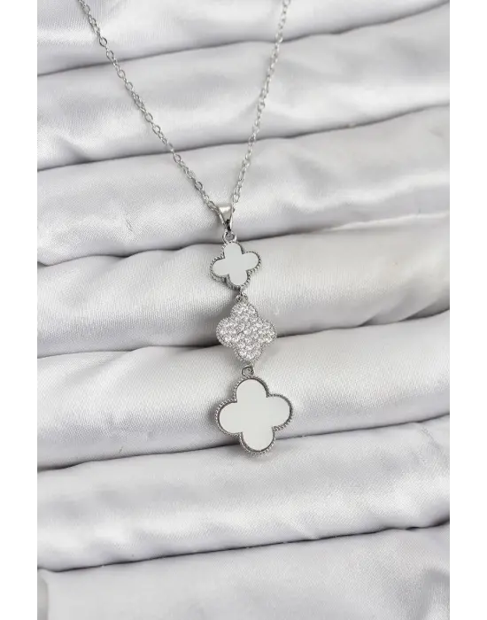 316L Çelik Zincir Gümüş Renk Yonca Detaylı Zirkon Taşlı Kadın Kolye