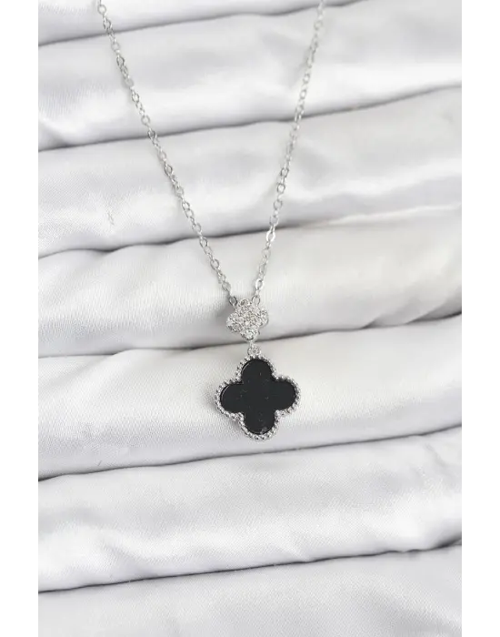 316L Çelik Zincir Gümüş Renk Yonca Model Zirkon Taşlı Kadın Kolye