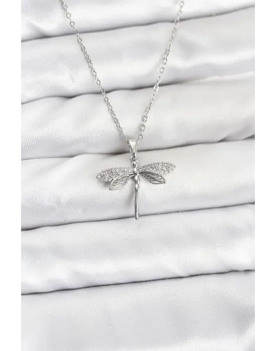 316L Çelik Zincir Gümüş Renk Yusufçuk Model Zirkon Taşlı Kadın Kolye