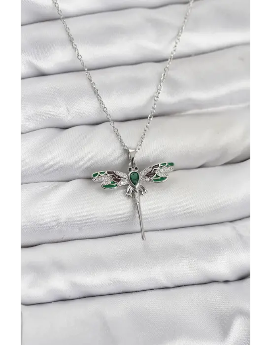 316L Çelik Zincir Gümüş Renk Yusufçuk Model Zirkon Taşlı Kadın Kolye