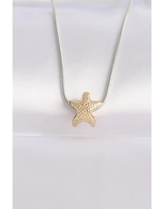  Zincir Gümüş  Zincirli Altın  Deniz Yıldızı Tasarımlı Çelik Kolye