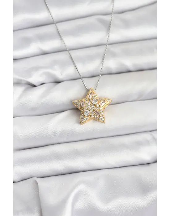 316L Çelik Zincir Gümüş Renk Zincirli Gold Yıldız Model Kadın Kolye