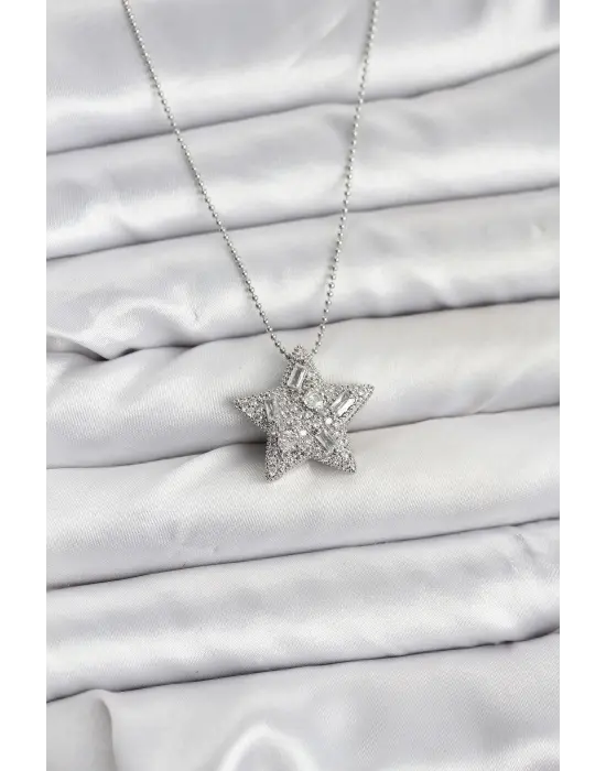 316L Çelik Zincir Gümüş Renk Zincirli Gümüş Yıldız Model Kadın Kolye