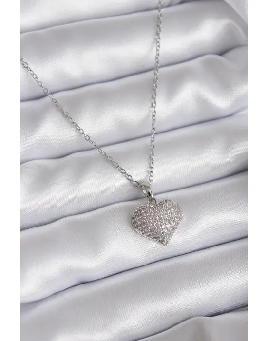  Zincir Gümüş  Zirkon Taş Detay Kalp Model  Çelik Kolye