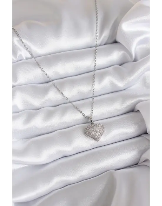  Zincir Gümüş  Zirkon Taş Detay Kalp Model  Çelik Kolye