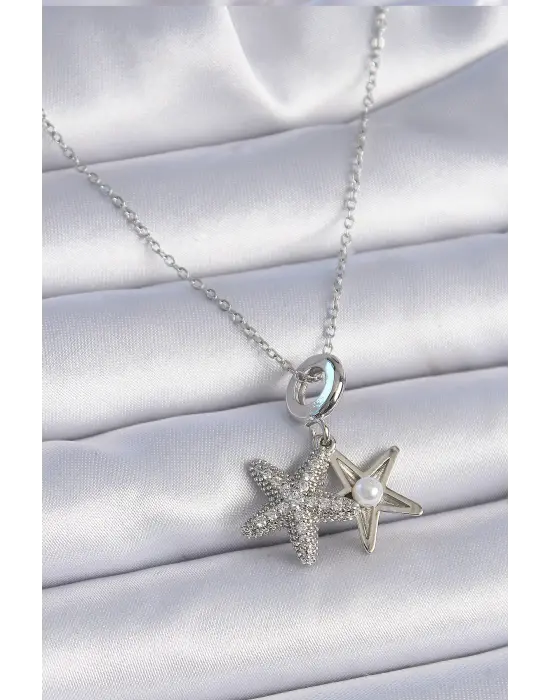  Zincir Gümüş  Zirkon Taşlı Açılır Deniz Yıldızı İnci Detay  Çelik Kolye