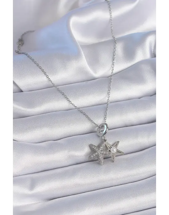  Zincir Gümüş  Zirkon Taşlı Açılır Deniz Yıldızı İnci Detay  Çelik Kolye