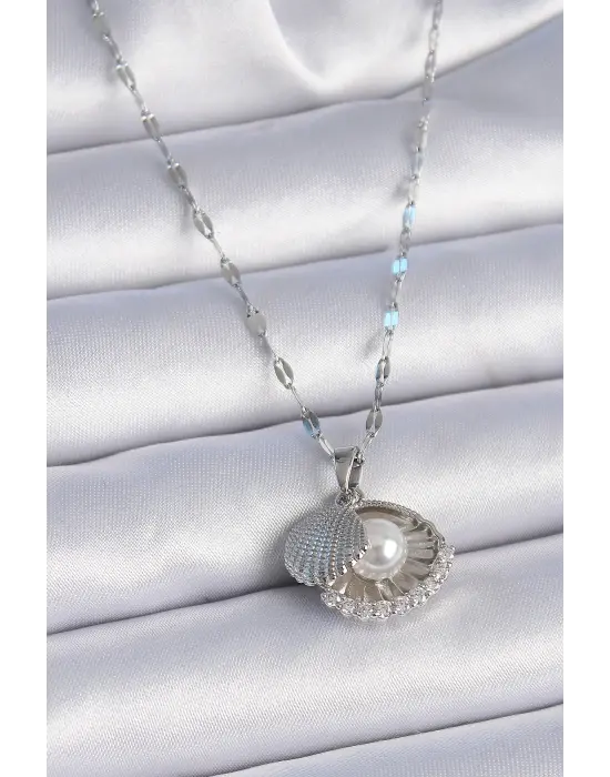  Zincir Gümüş  Zirkon Taşlı Açılır İstiridye Model İnci Detay  Çelik Kolye