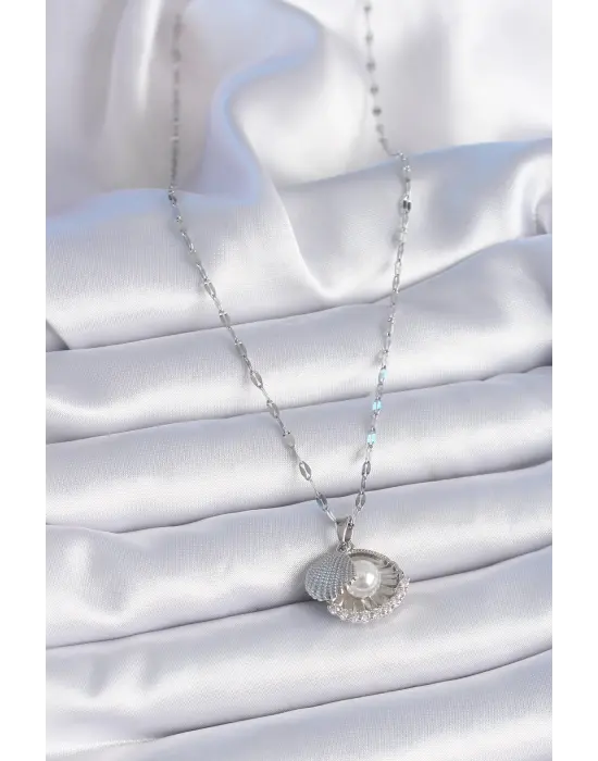  Zincir Gümüş  Zirkon Taşlı Açılır İstiridye Model İnci Detay  Çelik Kolye