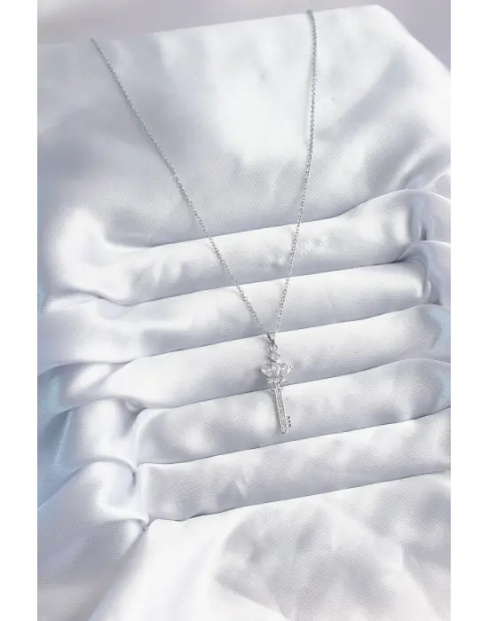  Zincir Gümüş  Zirkon Taşlı Anahtar Model  Çelik Kolye