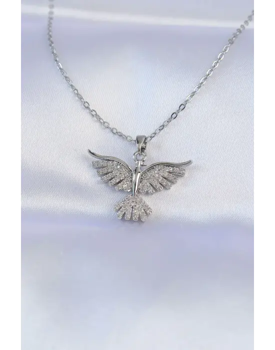 Zincir Gümüş  Zirkon Taşlı Anka Kuşu Tasarımlı Çelik Kolye