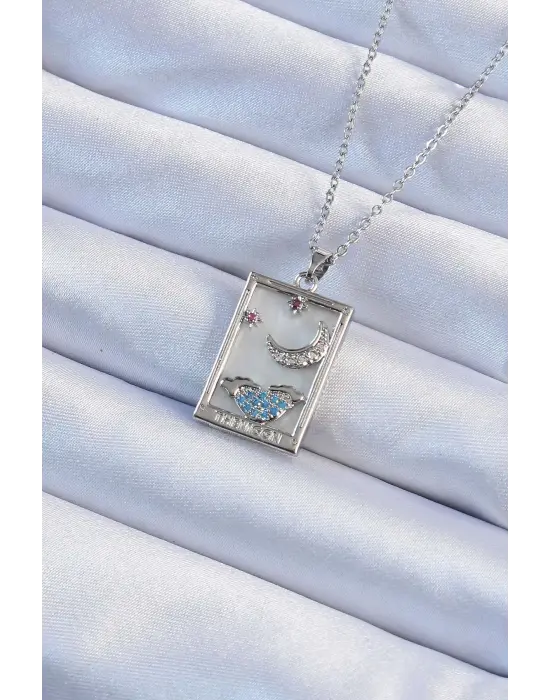  Zincir Gümüş  Zirkon Taşlı Ay Figürlü Tarot Çelik Kolye