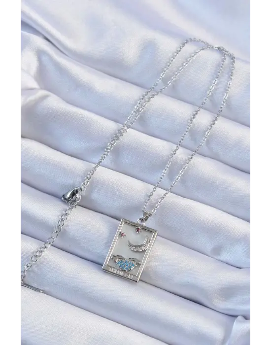  Zincir Gümüş  Zirkon Taşlı Ay Figürlü Tarot Çelik Kolye