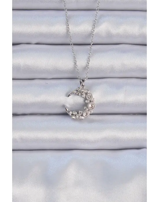  Zincir Gümüş  Zirkon Taşlı Ay Çelik Kolye