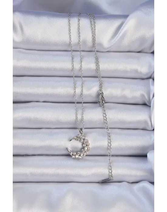  Zincir Gümüş  Zirkon Taşlı Ay Çelik Kolye