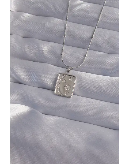  Zincir Gümüş  Zirkon Taşlı Ay Yıldız Figürlü Tarot Çelik Kolye
