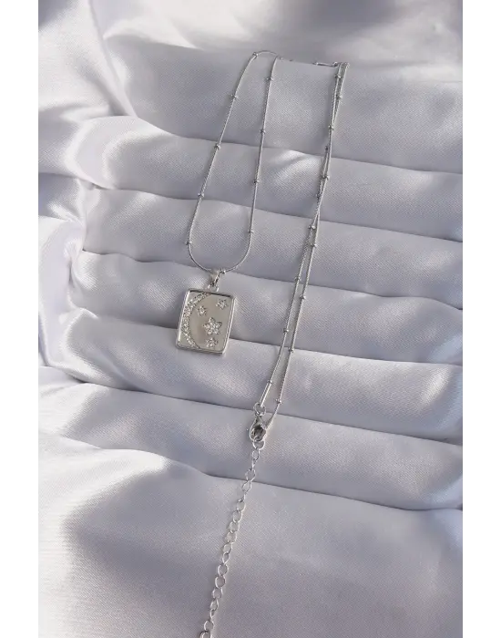  Zincir Gümüş  Zirkon Taşlı Ay Yıldız Figürlü Tarot Çelik Kolye