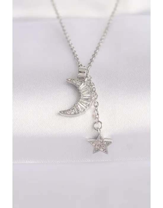  Zincir Gümüş  Zirkon Taşlı Ay Yıldız Çelik Kolye